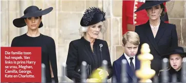  ?? ?? Die familie toon hul respek. Van links is prins Harry se vrou, Meghan, Camilla, George, Kate en Charlotte.