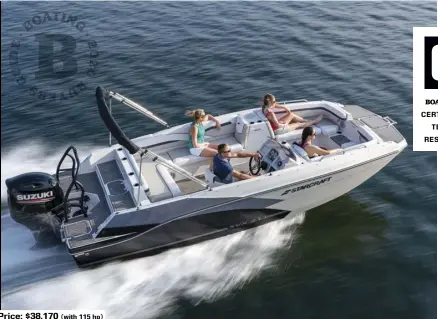  ??  ?? (with 115 hp)
SPECS: LOA: 20'11" BEAM: 8'6" DRAFT (MAX): 2'11" DRY WEIGHT: 2,685 lb. SEAT/WEIGHT CAPACITY: 14/1,900 lb. FUEL CAPACITY: 45 gal.
HOW WE TESTED: ENGINE: Suzuki 200 DRIVE/PROP: Outboard/Suzuki 16" x 21.5" 3-blade stainless steel GEAR RATIO: 2.50:1 FUEL LOAD: 34 gal. CREW WEIGHT: 340 lb. Price: $38,170