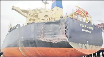  ?? Picture: THE MARITIME EXECUTIVE ?? Damage to the Star Janni after contact with the NSU Carajas.