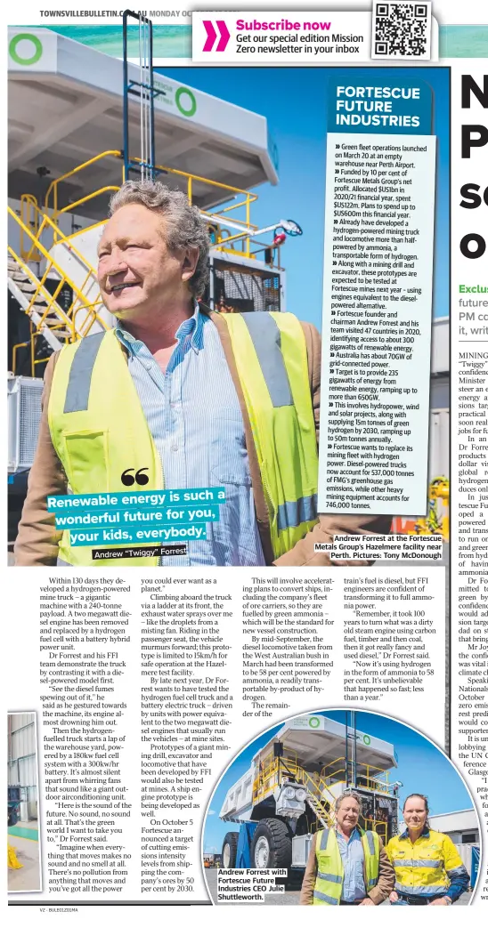  ?? ?? Andrew Forrest with Fortescue Future Industries CEO Julie Shuttlewor­th.
Andrew Forrest at the Fortescue Metals Group’s Hazelmere facility near Perth. Pictures: Tony Mcdonough