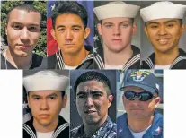  ?? U.S. NAVY VIA AP ?? The seven U.S. sailors who died Saturday were, from top left to right, Personnel Specialist 1st Class Xavier Alec Martin, 24, from Halethorpe, Md.; Yeoman 3rd Class Shingo Alexander Douglass, 25, from San Diego, Calif.; Gunner’s Mate Seaman Dakota Kyle...