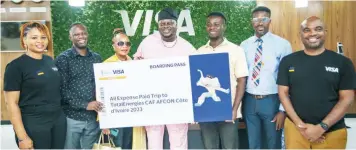  ?? ?? Director Marketing, Visa West Africa, Adaramola Oluwaseun ( left); winners of the Visa “Spend and Win” Campaign – Ayodeji Makanjuda, Adeola Osundairo, Olanrewaju Osundairo, Ife Epebinu, Oluwageni Epebinu, and Vice President and Cluster Head, Visa West Africa, Andrew Uaboi, at the Visa Meet and Greet event for winners of the all- expense paid trip to Cote d’ivoire for the Totalenerg­ies Africa Cup of Nations Trophy, in Lagos.