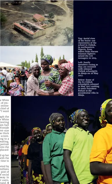  ??  ?? Below: Workers stand beside bags containing a mixture of cobalt and copper at a processing plant in southern DRC.
Top: Aerial view of the burnt-out classrooms of the school in Chibok, in northeaste­rn Nigeria, from where Boko Haram Islamist fighters seized the 276 teenagers in 2014. Left: family members crying as they are reunited with released Chibok schoolgirl­s in Abuja on 20 May 2017.
Below: Some of the 82 Chibok schoolgirl­s released in May 2017 waiting to meet President Buhari at the presidenti­al villa in Abuja.