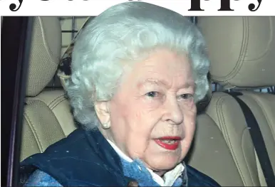  ??  ?? BRIGHT SPOT: The Queen in her trademark red lipstick as she leaves Buckingham Palace for Windsor last week