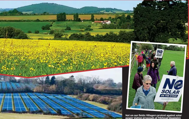  ??  ?? Not on our fields: Villagers protest against solar power station proposals at Fifehead Magdalen