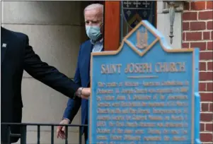  ?? The Associated Press ?? CHURCH OPTIONS: In this Oct. 3 file photo Democratic presidenti­al candidate former Vice President Joe Biden leaves St. Joseph Catholic Church in Wilmington, Del. A Biden transition team official refused to say which church Biden might attend in the nation’s capital or whether he might return to Delaware for services, at least to start.