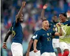  ?? ?? France’s Marcus Thuram, left, and Kylian Mbappe celebrate after their 2-1 win over Denmark yesterday.
