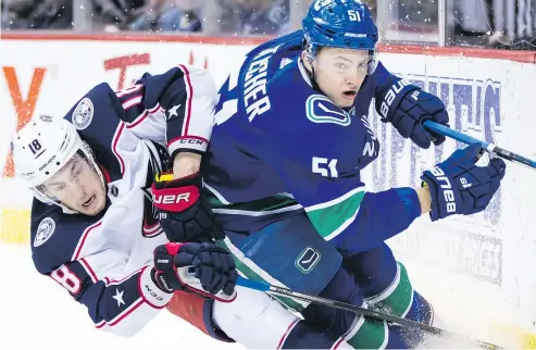  ?? —CPFILES ?? Canucks defenceman Troy Stecher is a competitiv­e player who doesn’t back down from physical battles.