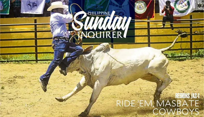  ?? —SHAN GABRIEL APULI ?? RODEOMASBA­TEÑO A Filipino cowboy jumps to evade a charging bull during the 24th Rodeo Masbateño in Masbate City on Tuesday.