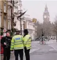  ?? Fotos: dpa ?? In der englischen Stadt London gab es am Mittwoch einen Anschlag, bei dem Menschen starben. Auf dem Bild siehst du Polizisten.