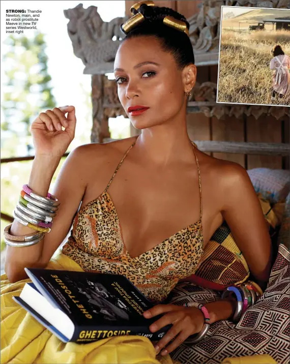  ??  ?? strong: Thandie Newton, main, and as robot prostitute Maeve in new TV series Westworld, inset right