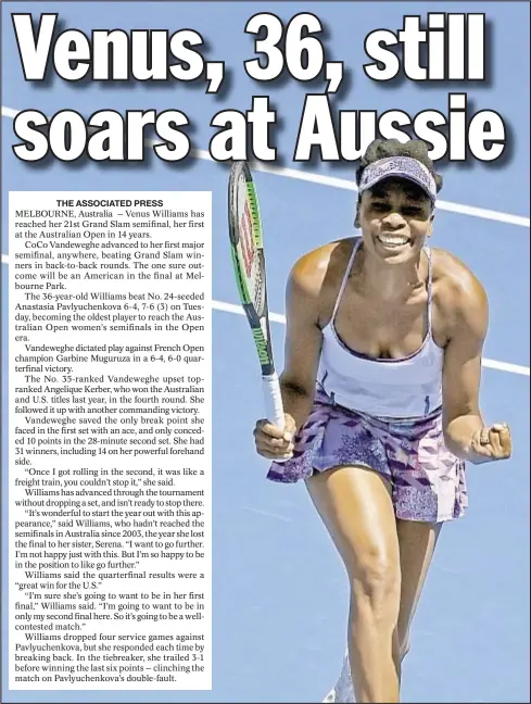  ??  ?? Venus Williams celebrates her victory over Anastasia Pavlyuchen­kova of Russia in quarterfin­al match at the Australian Open.