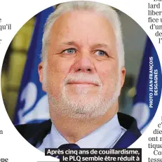  ??  ?? Après cinq ans de couillardi­sme, le PLQ semble être réduit à promettre de créer un « secrétaria­t aux relations avec les Québécois d’expression française ». Ce n’est presque pas une blague !