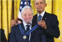  ?? AP FILE PHOTO/EVAN VUCCI ?? President Barack Obama, right, presents the Presidenti­al Medal of Freedom to composer Stephen Sondheim during a ceremony in the East Room of the White House in 2015.