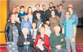  ??  ?? June Carr (front centre) with all her family at the special awards function in Dannevirke last Sunday. Only one grandson missed the occasion.
