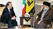 ?? – Reuters ?? DISCUSSION­S: A handout picture released by Hezbollah’s press office shows the leader of Hezbollah movement Hassan Nasrallah, right, with Russian Deputy Foreign Minister Mikhail Bogdanov in Beirut, yesterday.