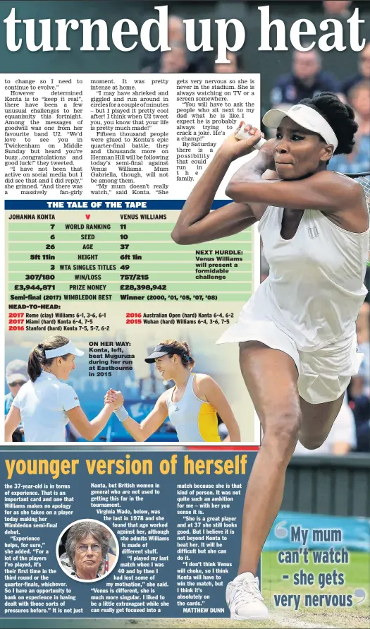  ??  ?? ON HER WAY: Konta, left, beat Muguruza during her run at Eastbourne in 2015 NEXT HURDLE: Venus Williams will present a formidable challenge