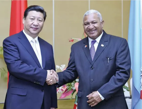  ??  ?? Chinese President Xi Jinping and Fijian Prime Minister Voreqe Bainimaram­a.