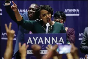  ?? AP/STEVEN SENNE ?? “Change is coming and the future belongs to all of us,” Ayanna Pressley told cheering supporters Tuesday night in Boston after her primary victory over U.S. Rep. Michael Capuano.