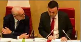  ??  ?? Le ministre d’État Serge Telle, et le président du Conseil national Stéphane Valeri, mercredi soir, lors de la discussion de la première propositio­n de loi n° .