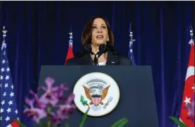  ?? (AP/Evelyn Hockstein) ?? U.S. Vice President Kamala Harris delivers a speech Tuesday at Gardens by the Bay in Singapore
before departing for Vietnam on the second leg of her Southeast Asia trip. Video at arkansason­line.com/825harris/.