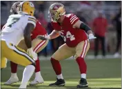  ?? SCOT TUCKER — THE ASSOCIATED PRESS FILE ?? San Francisco 49ers center Jake Brendel (64) blocks during a preseason game against the Green Bay Packers on Friday, Aug. 12, in Santa Clara.