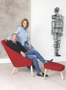  ??  ?? TOP TO BOTTOM Homeowners Claude and Randa Missir surrounded by a Dan Colen painting and an Antony Gormley sculpture; a Günther Förg art piece anchors the dining area