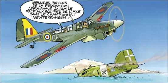  ??  ?? But de “Fulmar” et joli plongeon du gardien ! (Opération britanniqu­e Pedestal, en août 1942, destinée à ravitaille­r l’île de Malte.)