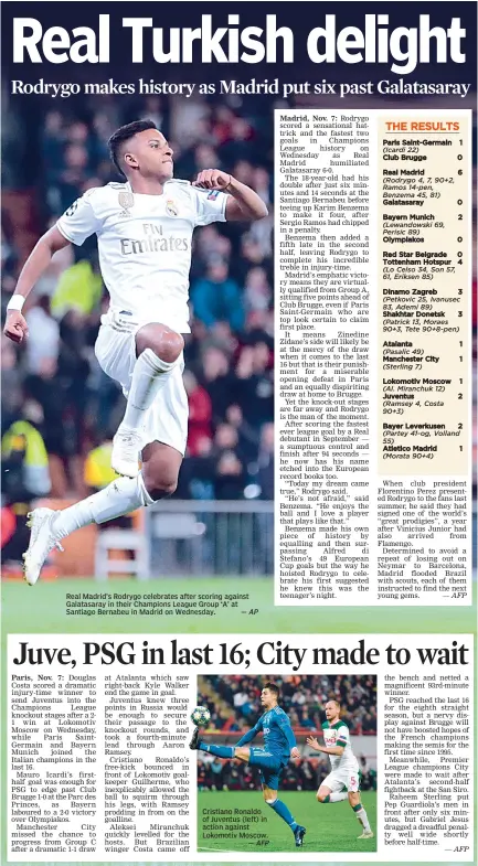  ?? — AP ?? Real Madrid’s Rodrygo celebrates after scoring against Galatasara­y in their Champions League Group ‘A’ at Santiago Bernabeu in Madrid on Wednesday.