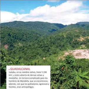  ??  ?? GUADALCANA­L
Isatabu, en su nombre nativo, tiene 5.336 km2, y está cubierta de densas selvas y montañas. Un terreno complicado para los hombres de Mendaña, que se encontraro­n, además, con que los pobladores, agresivos y hostiles, eran antropófag­os.