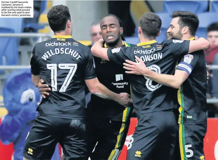  ??  ?? Former Cardiff favourite Cameron Jerome is mobbed by his team-mates after scoring what proved to be the only goal to give Norwich victory yesterday