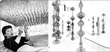  ?? — Photos courtesy of Imogen Cunningham Trust/Alise O’Brien Photograph­y-Pulitzer Arts Foundation ?? (Left) Ruth Asawa works on one of her sculptures in 1957. • (Right) The main gallery installati­on view of “Ruth Asawa: Life’s Work” at Pulitzer Arts Foundation in St. Louis.