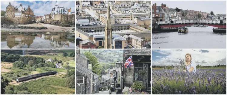  ?? ?? ROMANTIC ROAMING: clockwise from top left Robin Hood’s Bay, Piece Hall, Halifax, Whitby, North Yorkshire Moors Railway, Haworth - home of the Brontë sisters and setting for Emily’s Wuthering Heights - and Yorkshire Lavender at Terrington
