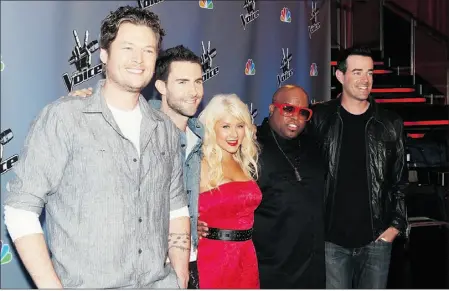  ?? Supplied ?? From left, judges Blake Shelton, Adam Levine, Christina Aguilera, Cee Lo Green and host Carson Daly of The Voice