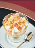  ?? ?? The Floating Island with peach meringue, milky crème anglaise and pistachios.