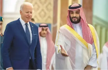  ?? BANDAR ALJALOUD/SAUDI ROYAL PALACE ?? President Joe Biden met with Saudi Crown Prince Mohammed bin Salman earlier this month in Jeddah despite a previous vow to make the Middle East country a “pariah” because of human rights violations.