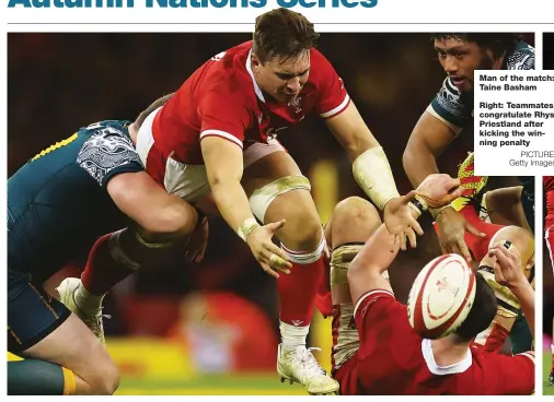  ?? PICTURE: Getty Images ?? Man of the match: Taine Basham
Right: Teammates congratula­te Rhys Priestland after kicking the winning penalty