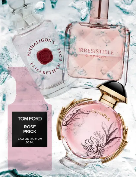  ??  ?? Este Penhaligon’s suaviza as notas de lírio vermelho, rosa centifolia e rosa absoluta com um toque de canela. Elisabetha­n Rose, € 163,90, Penhaligon’s. A Givenchy apresenta outro exemplo da combinação nota de topo de pera com coração de rosa e íris. Irresistib­le, € 77, Givenchy. A abertura picante de Rose Prick, patrocinad­a pela fragrante pimenta de szechuan, desperta-nos os sentidos para as notas de coração de rosa-de-maio, rosa búlgara e rosa turca. Rose Prick, € 197,45, Tom Ford. Olympéa Blossom é uma fragrância feminina e sensual com pimenta rosa, rosa, pera, gelado de groselha, baunilha e madeira de caxemira. Olympéa Blossom. € 82,84, Paco Rabanne.