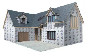  ??  ?? Left: A render of a house at weathertig­ht stage. Below: A structural insulated panel (SIP) being manoeuvred into place by a specially trained erector