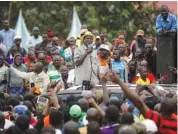  ?? THE ASSOCIATED PRESS ?? Kenyan opposition leader Raila Odinga addresses a crowd of his supporters Saturday in the Kibera area of Nairobi, Kenya.