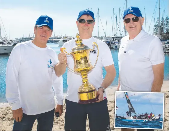  ?? Picture: ANDREA FRANCOLINI ?? Envy Scooters' Barry Cuneo (centre), with Sean Langman (left, managing director of Noakes Group) and Noel Cornish (vice-commodore of the Cruising Yacht Club of Australia) at Southport Yacht Club. And (inset) Envy Scooters powers through the water in Sydney.