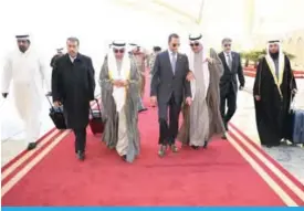  ??  ?? KUWAIT: National Assembly Speaker Marzouq Al-Ghanem (center) and his accompanyi­ng delegation are seen shortly after their arrival to Kuwait yesterday. — KUNA