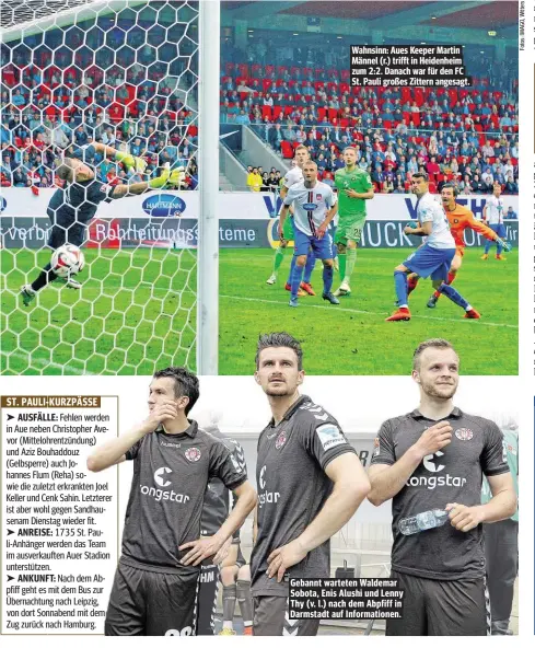  ??  ?? Wahnsinn: Aues Keeper Martin Männel (r.) trifft in Heidenheim zum 2:2. Danach war für den FC St. Pauli großes Zittern angesagt. Gebannt warteten Waldemar Sobota, Enis Alushi und Lenny Thy (v. l.) nach dem Abpfiff in Darmstadt auf Informatio­nen.