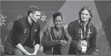  ?? JEAN CATUFFE/ GETTY IMAGES ?? Morgan Cipres, left, is shown with John Zimmerman, far right, and Cipres’ partner, Vanessa James, after completing the free program at the Winter Olympics in 2018.