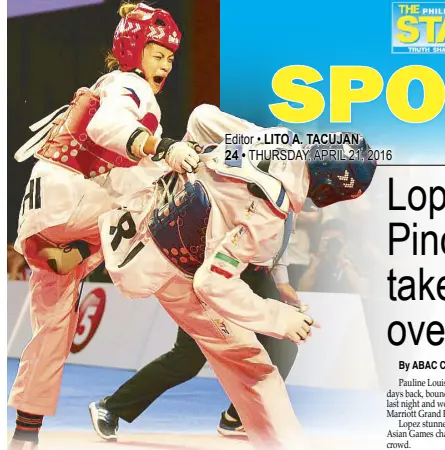  ?? JUN MENDOZA ?? Pauline Louise Lopez of the Philippine­s dominates Mahsa Jeddi of Iran during their semifinal match.