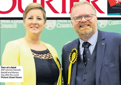  ?? picture: stuart Vance ?? Two of a kind
SNP winners Hannah Bardell and Martyn Day after the count