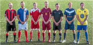  ?? PHOTO: GEORGE HEARD/FAIRFAX NZ ?? The Christchur­ch Mainland Premier League men’s sides pose for a photo on the eve of the season, from left, James Crossland (Western), Dominic McGarr (Nomads), Corey Goodall (FC Twenty), Harrison Bowman (Universiti­es) Anthony Jones (Coastal), Chris...