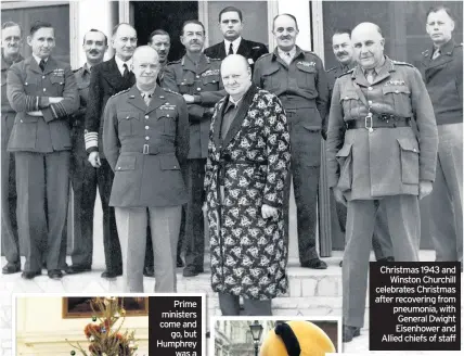  ??  ?? Christmas 1943 and Winston Churchill celebrates Christmas after recovering from pneumonia, with General Dwight Eisenhower and Allied chiefs of staff