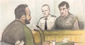  ??  ?? > Court artist sketch by Elizabeth Cook of Darren Osborne, right, and Hamdi Alfaiq, left, who was left with ‘life-changing’ injuries after being knocked unconsciou­s in the alleged attack outside Finsbury Park mosque