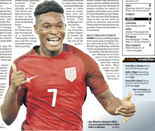  ?? AP PHOTO ?? Ayo Akinola celebrates USA’S lone goal against Ghana in New Delhi on Monday.